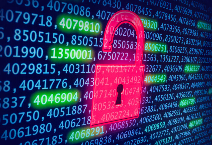 Open digital red lock displayed on a screen. Data breach/hacking concept.