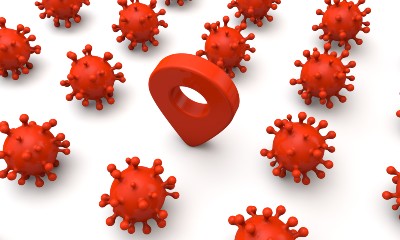 Graphic of a red location indicator among rows of coronaviruses - contact tracing app