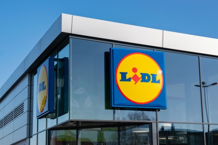 View of Lidl supermarket and logo.
