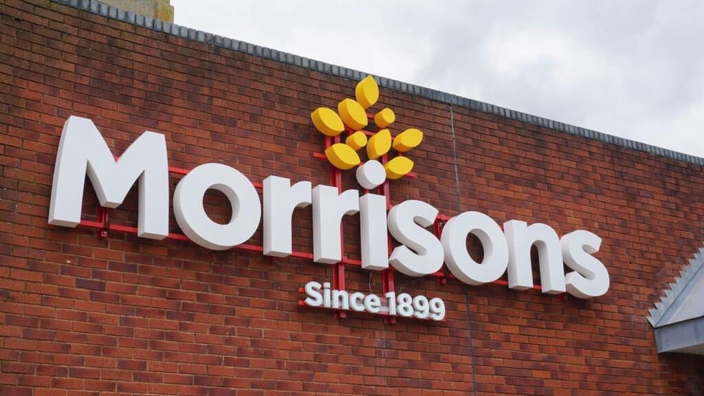 Morrisons logo sign of supermarket in UK town.